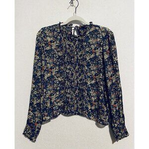 Zara Top Womens Medium Blue Beige Floral Pleated Ruffle Neck Cropped Flowy Boho